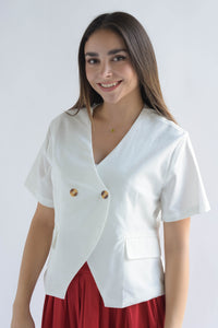 Fashion Styled Blazer lino manga corta cruzado Blanco