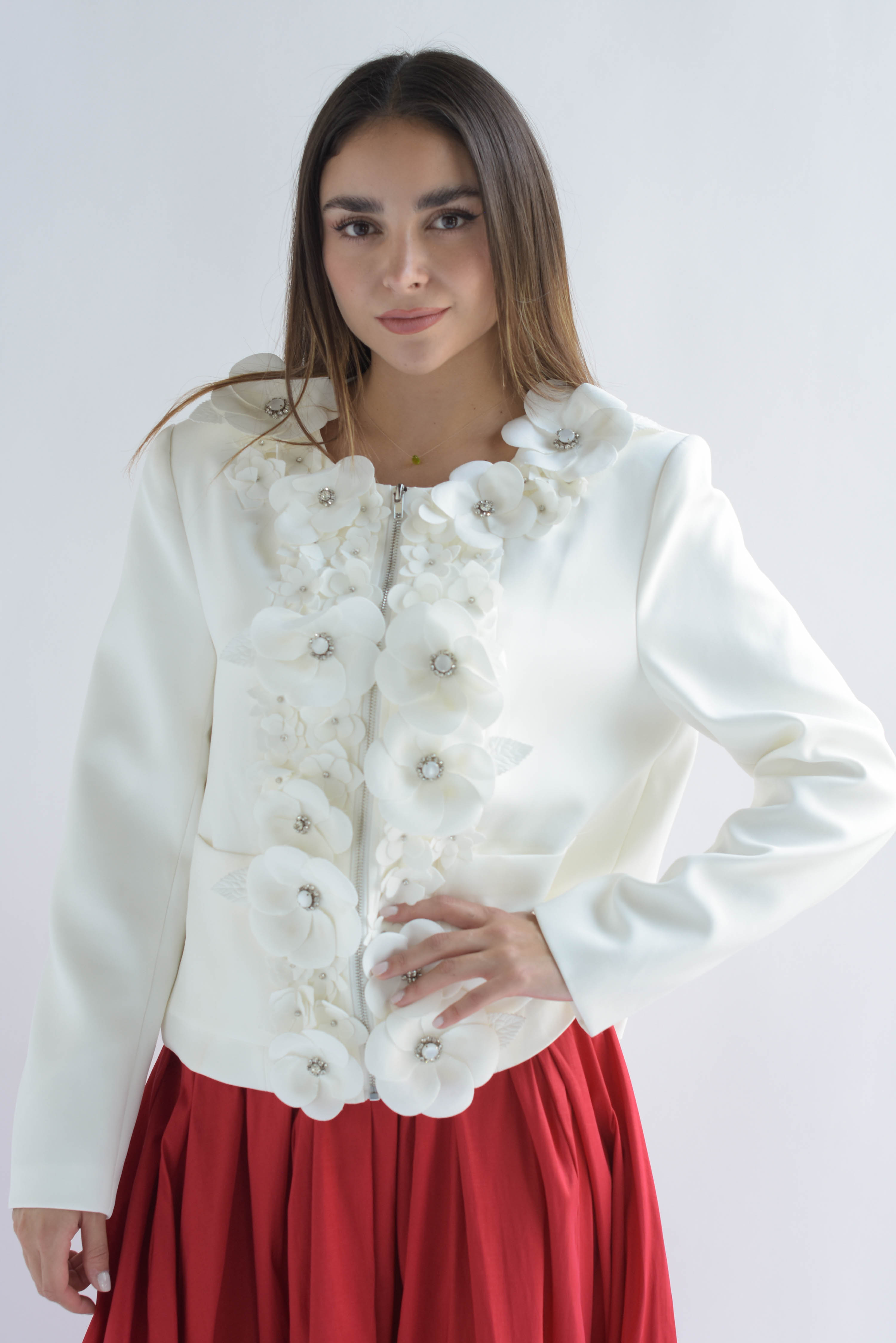Blazer cierre flores Blanco