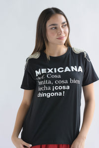 Fashion Styled T-Shirt MEXICANA hombreras brillos Negro
