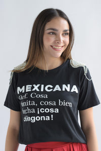 Fashion Styled T-Shirt MEXICANA hombreras brillos Negro