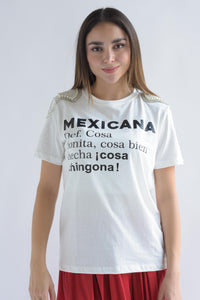 Fashion Styled T-Shirt MEXICANA hombreras brillos Blanca