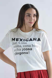 Fashion Styled T-Shirt MEXICANA hombreras brillos Blanca