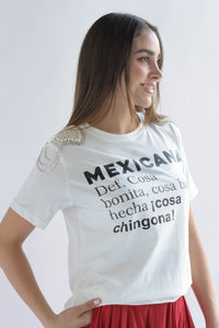 Fashion Styled T-Shirt MEXICANA hombreras brillos Blanca