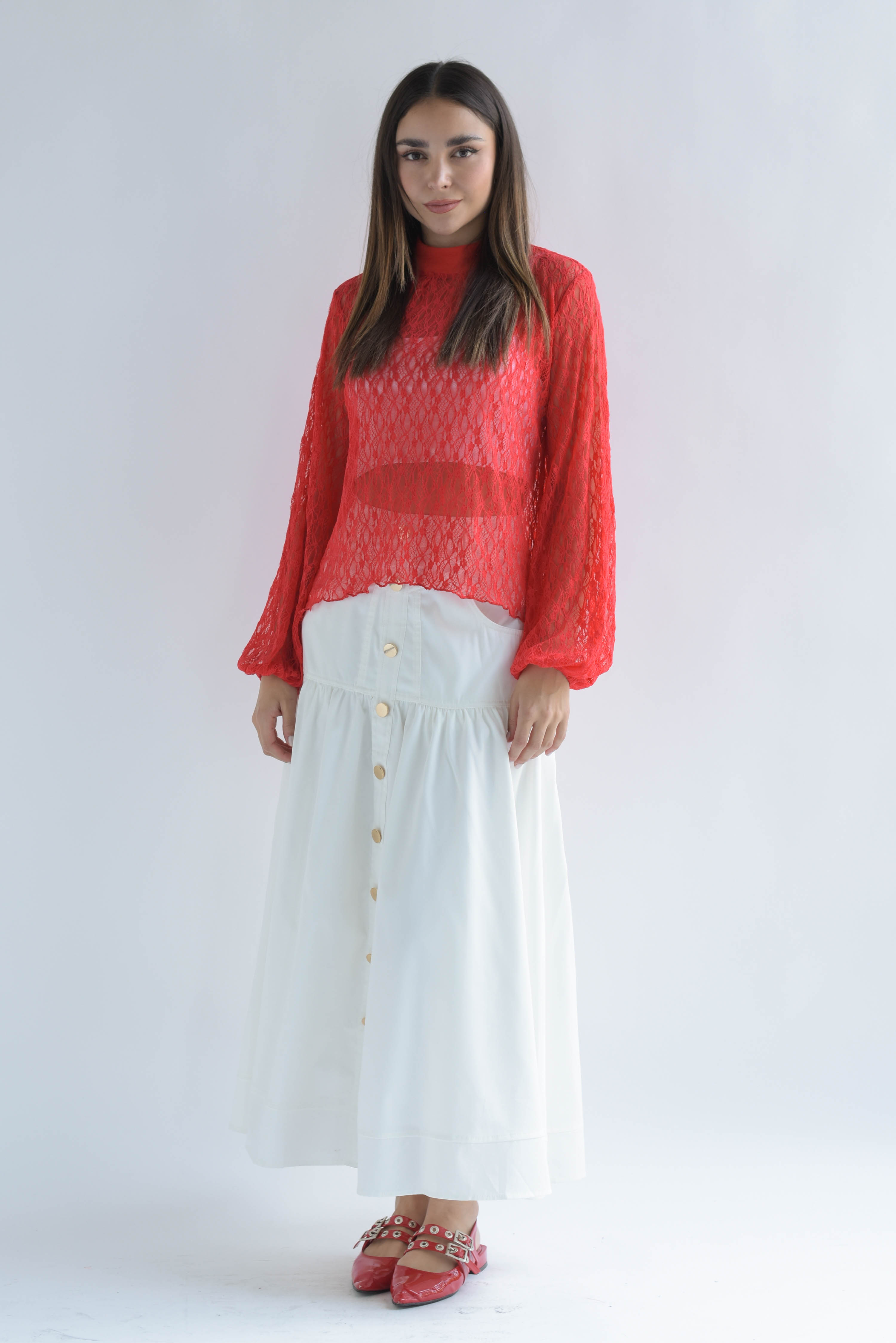 Blusa encaje asimétrica manga larga Rojo