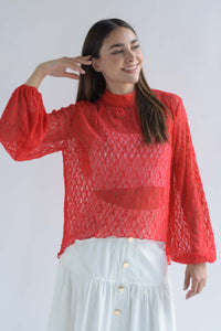 Fashion Styled Blusa encaje asimétrica manga larga Rojo