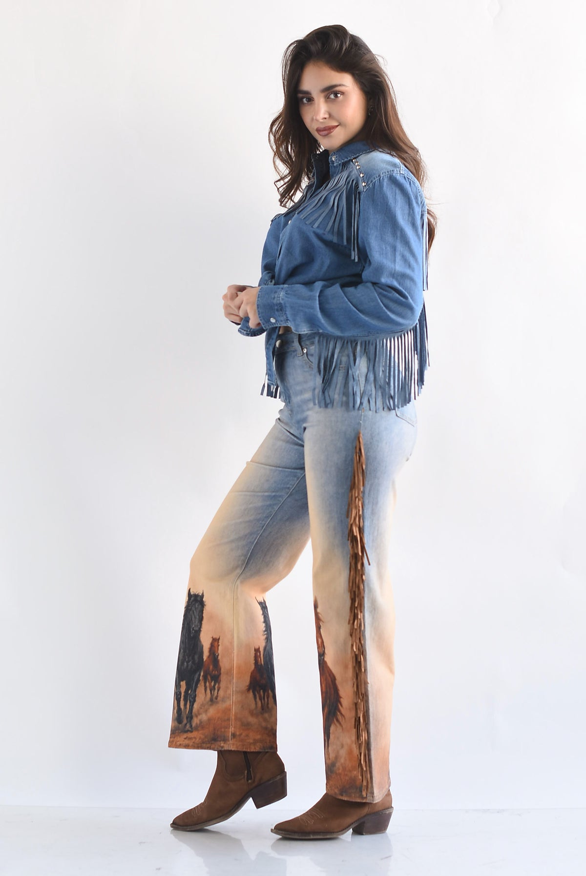 Jeans caballos flecos suede