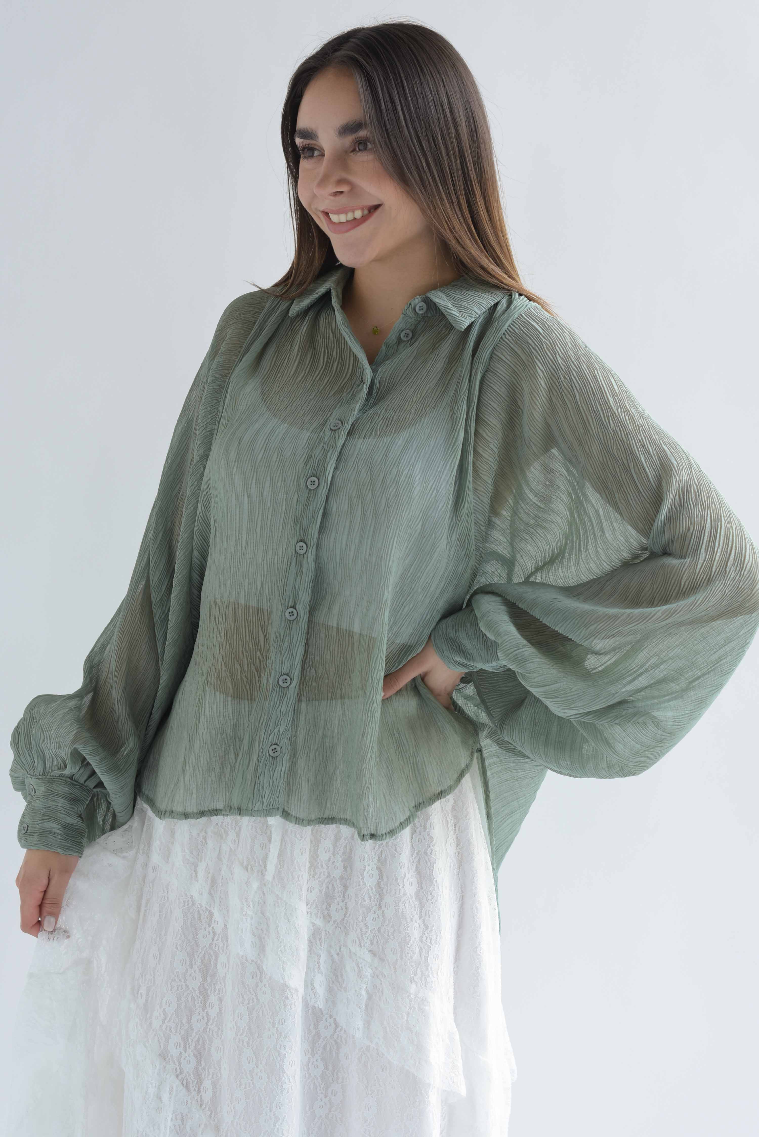 Blusa corrugada manga vampiro Verde Sage