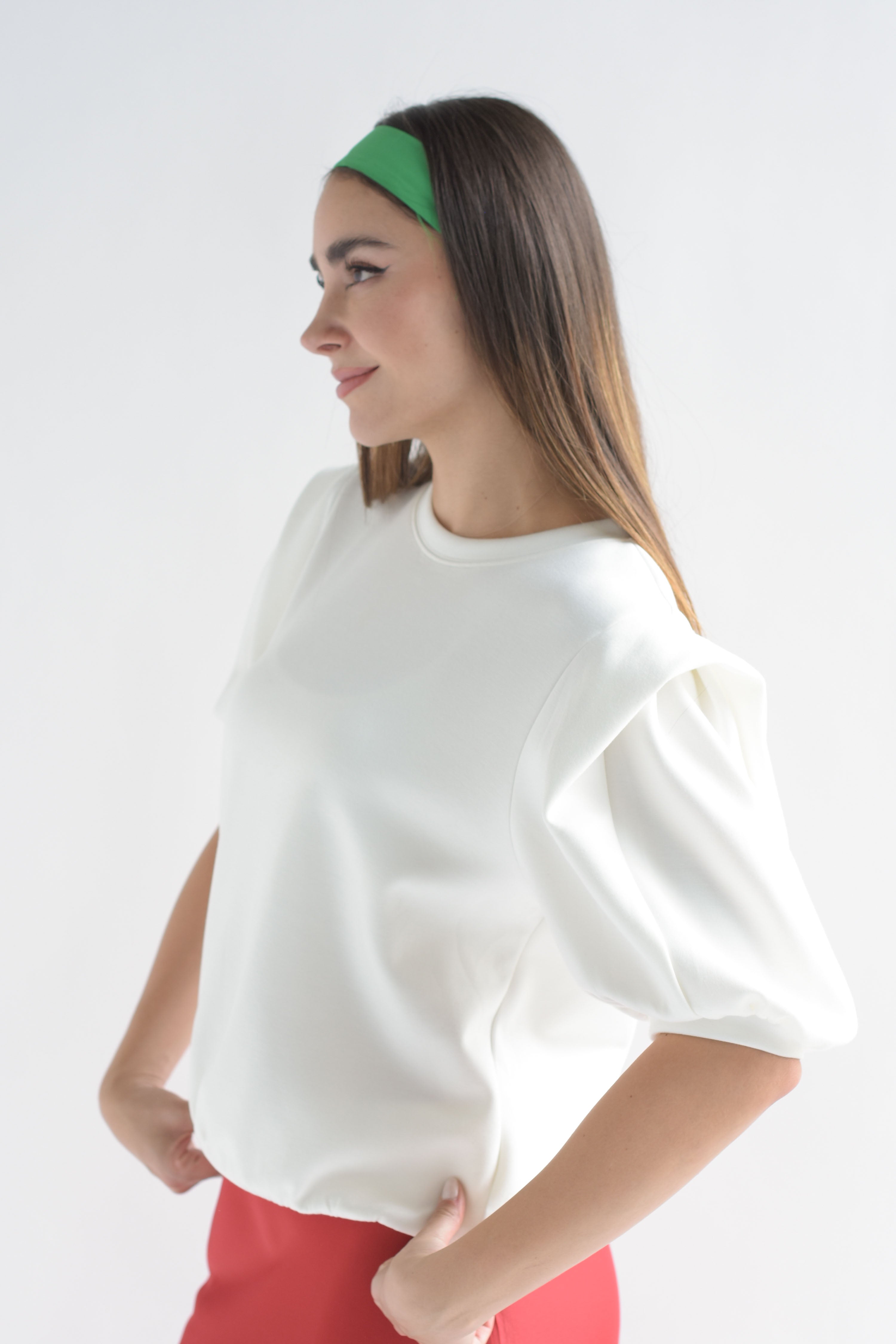 Blusa manga puffy dobladillo hombros Blanco