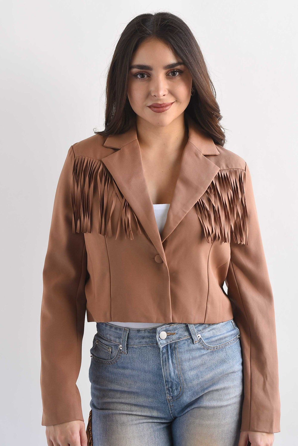 Blazer crop flecos Café