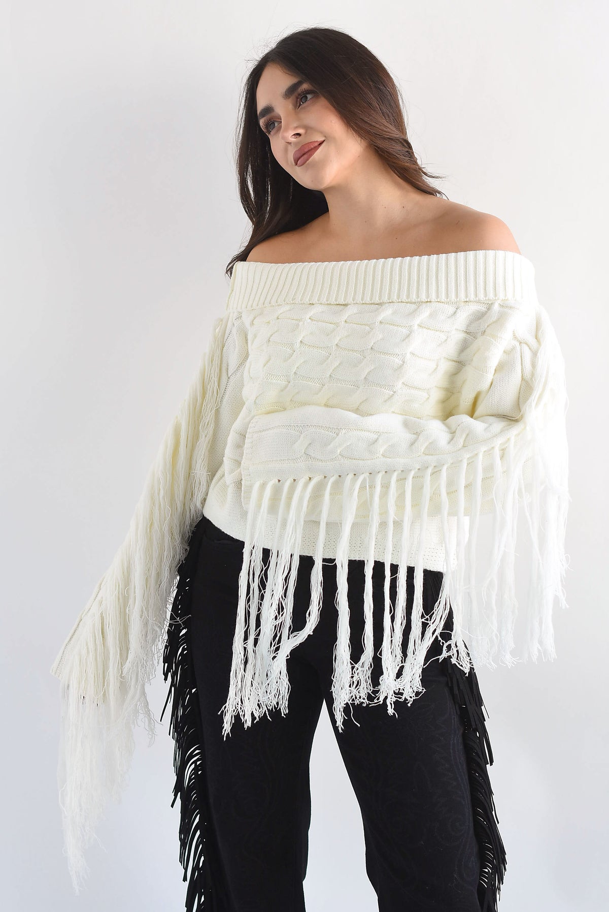 Sweater off-shoulders flecos Ivory