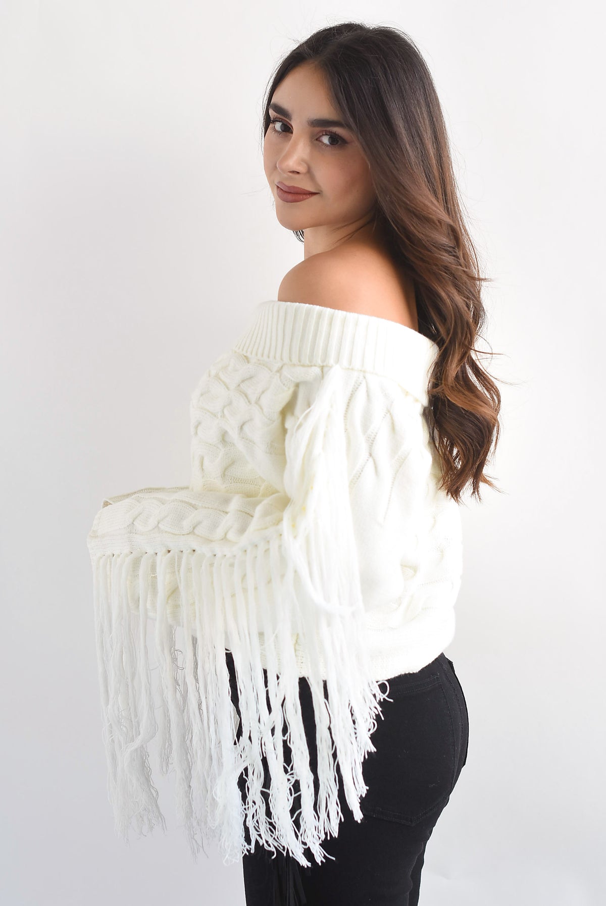 Sweater off-shoulders flecos Ivory