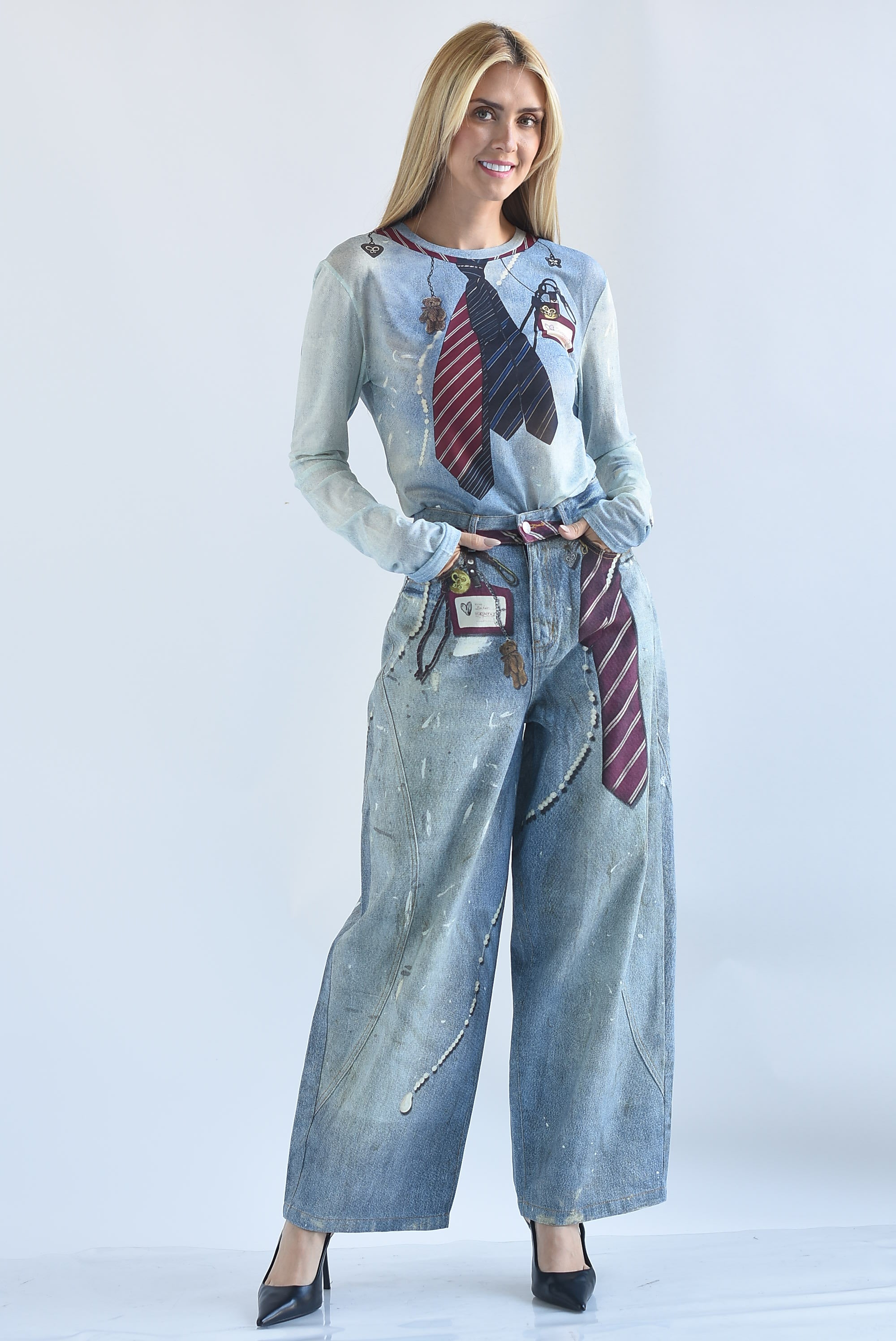 Set Jeans barrel y Blusa mesh corbatas