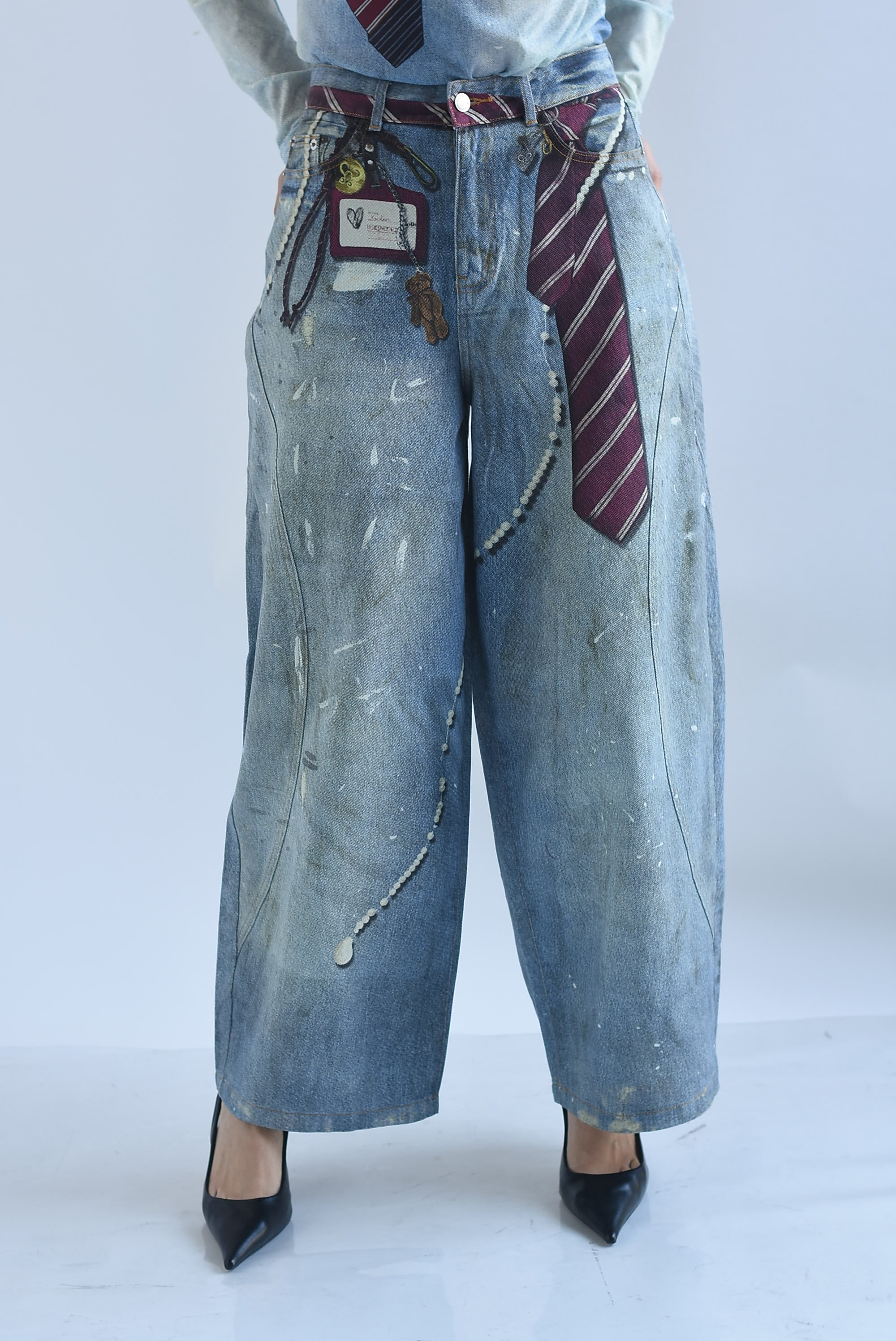 Set Jeans barrel y Blusa mesh corbatas