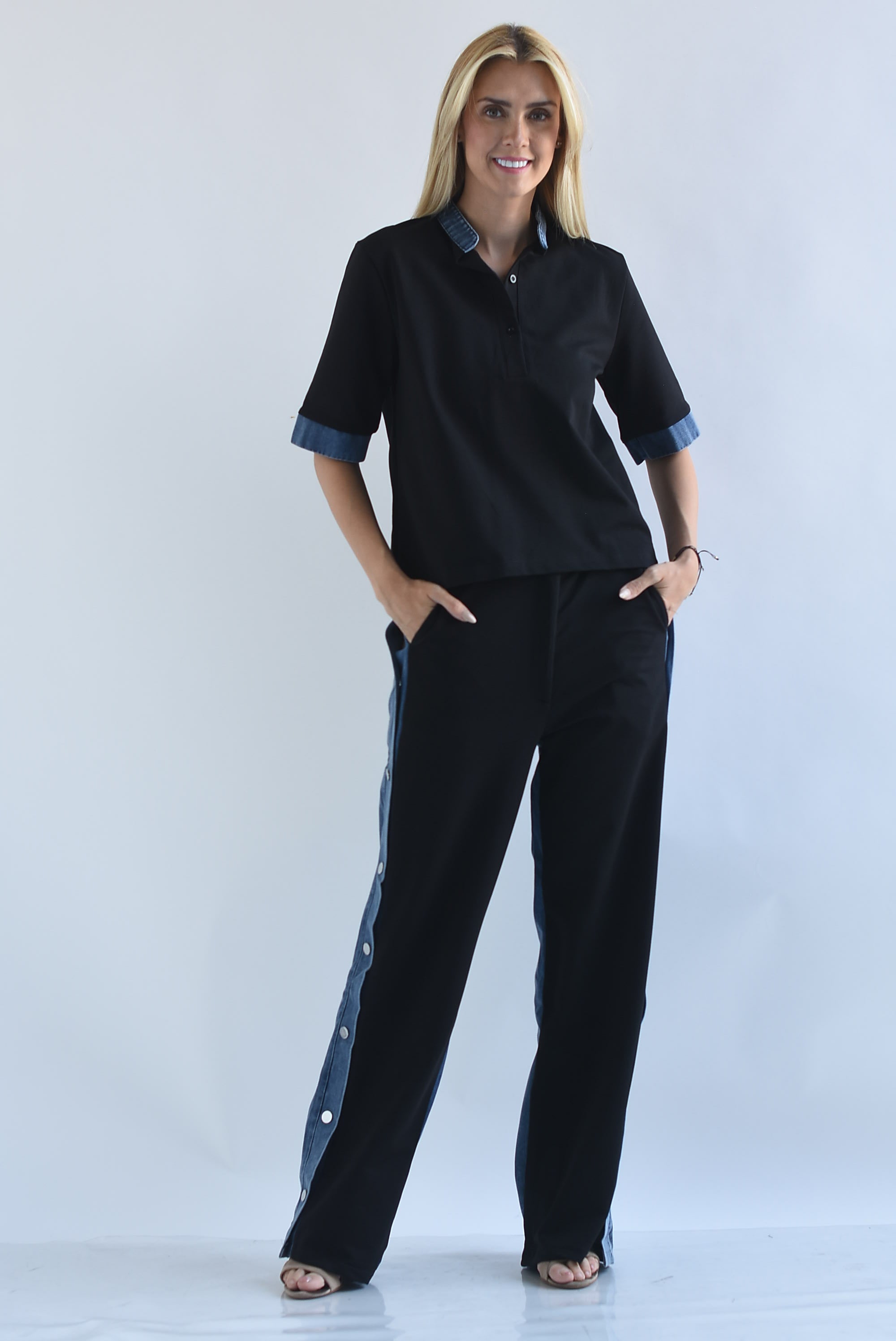 Set Pantalón broches track y Blusa con Denim