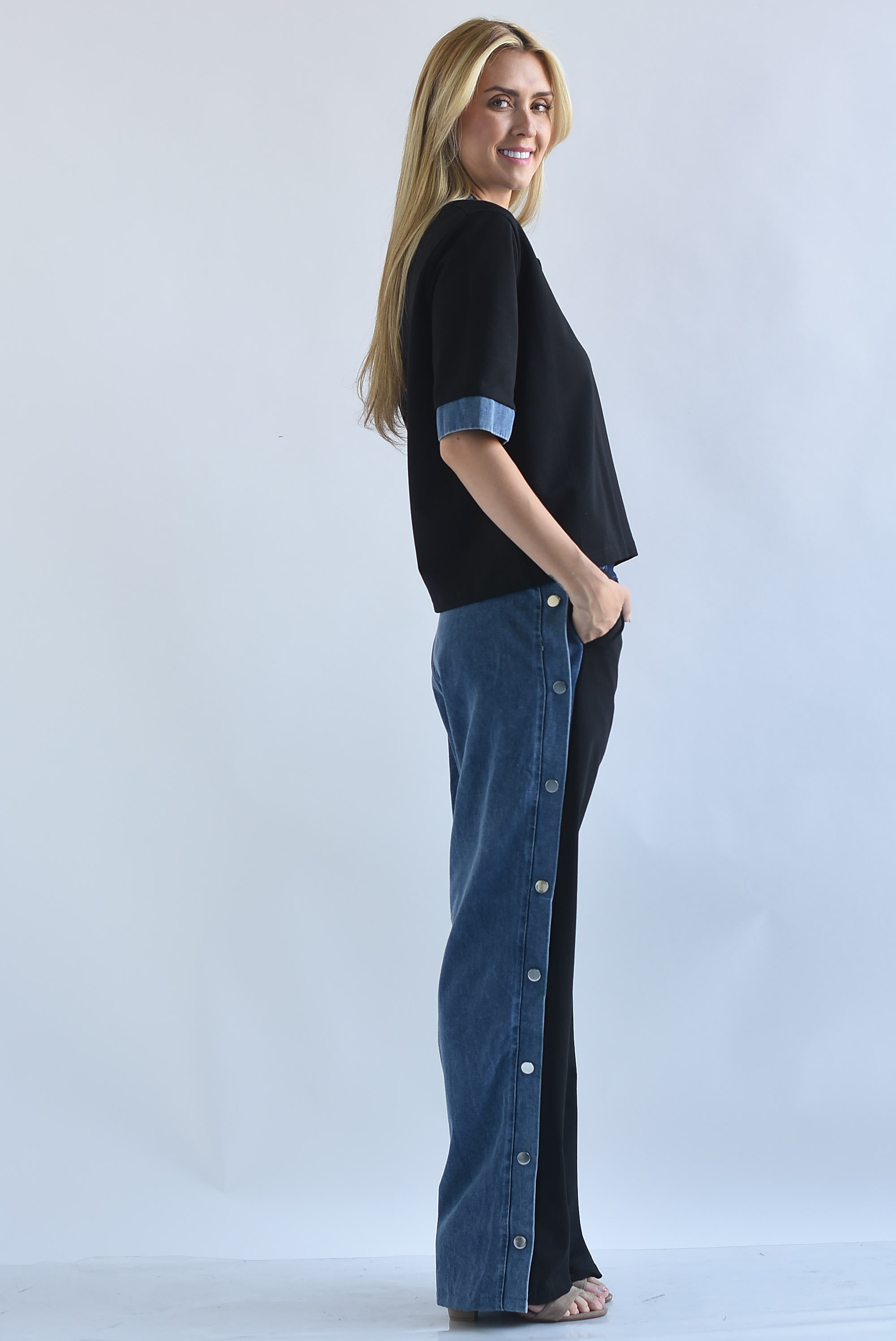 Set Pantalón broches track y Blusa con Denim
