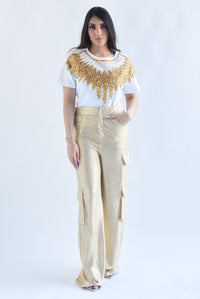 Fashion Styled Pantalón wide cargo metálico Dorado