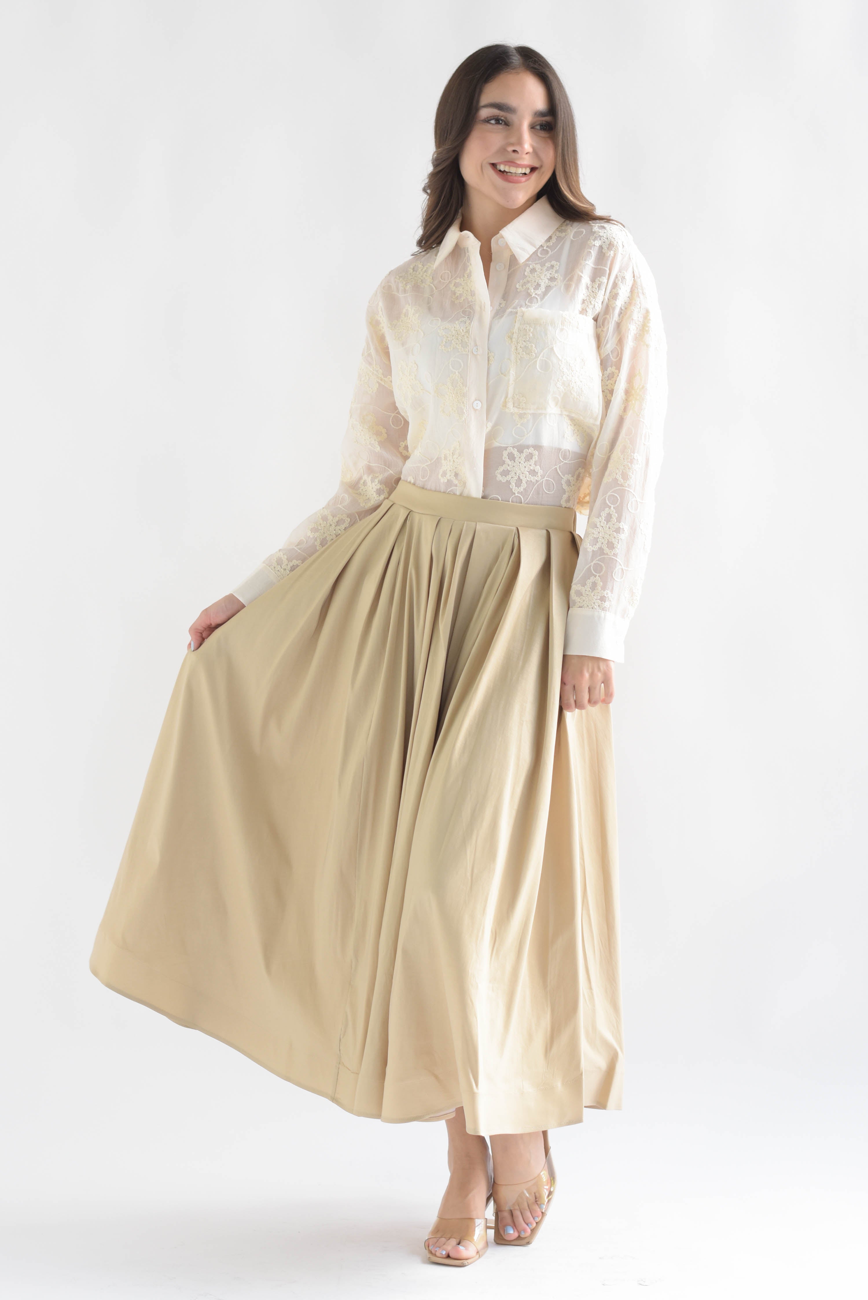 Falda vuelo satinada pinzas Beige