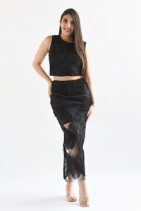 Fashion Styled Set Falda y Blusa mesh olas Negro