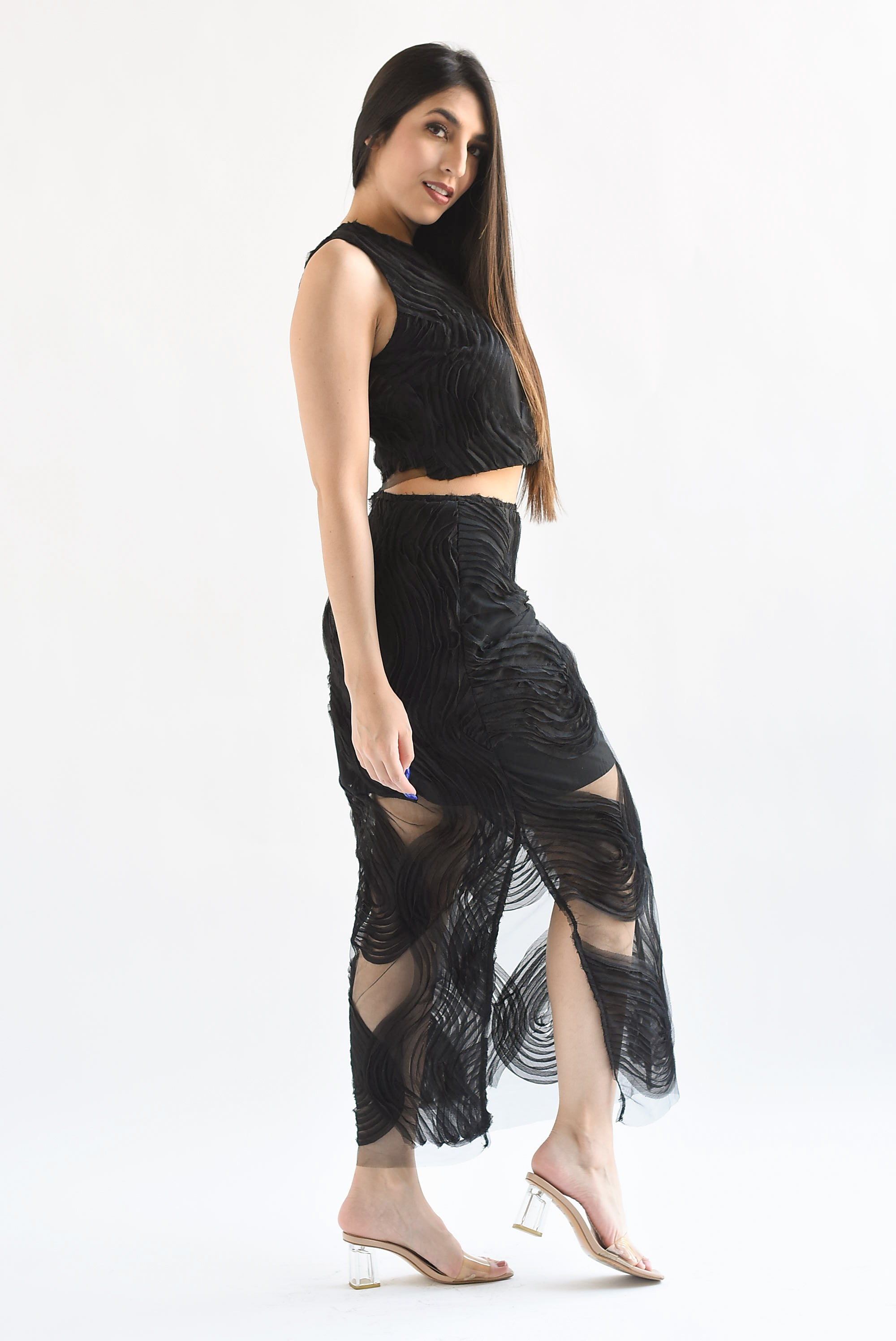 Set Falda y Blusa mesh olas Negro
