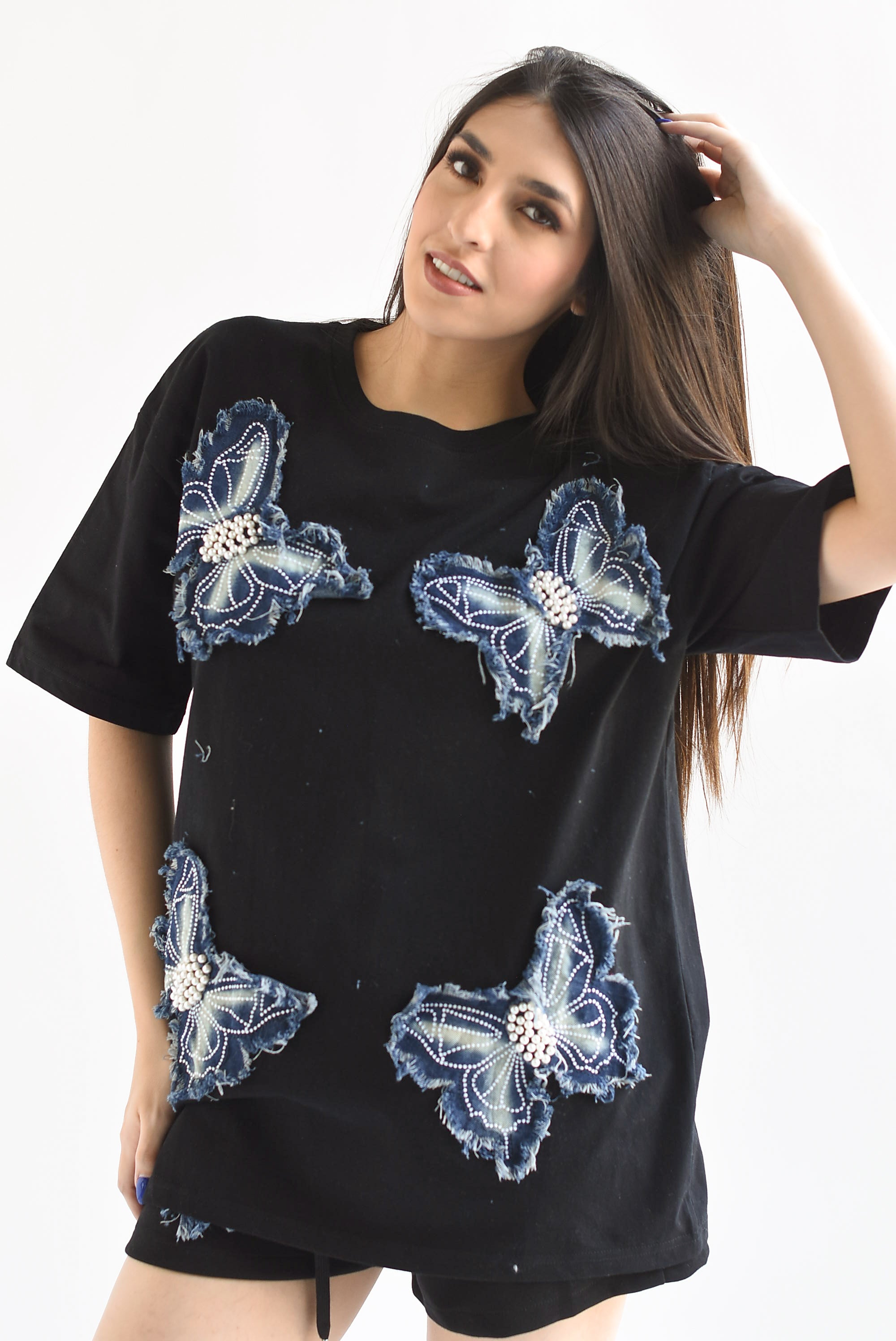 Set Short y T-Shirt mariposas denim Negro