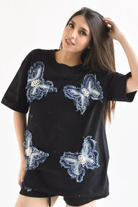 Fashion Styled Set Short y T-Shirt mariposas denim Negro