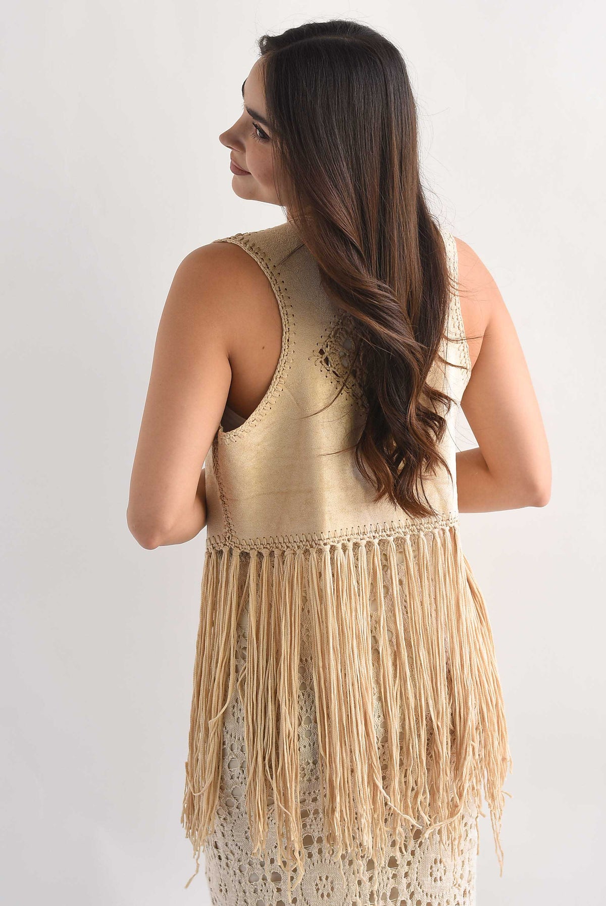 Chaleco crochet flecos suede Beige