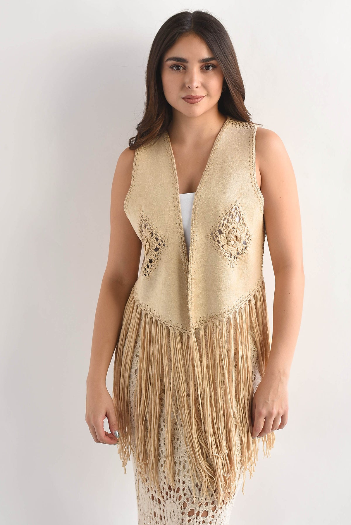 Chaleco crochet flecos suede Beige