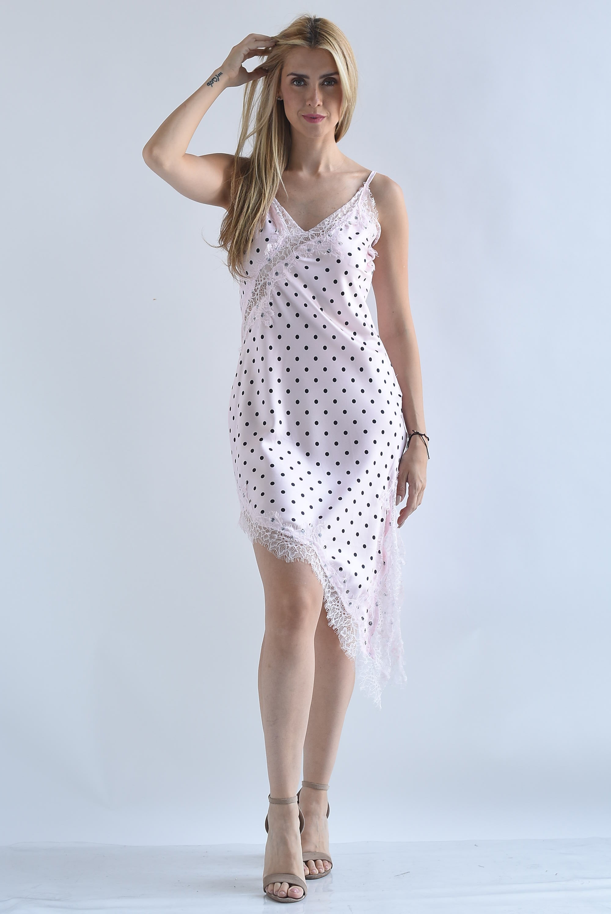 Vestido lencero asimétrico encaje polka dots cierre