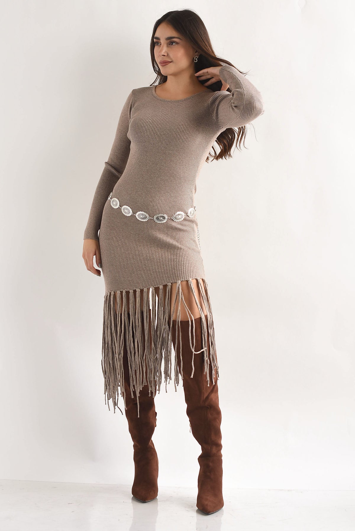 Vestido punto canalé brillos asimétrico flecos Moka