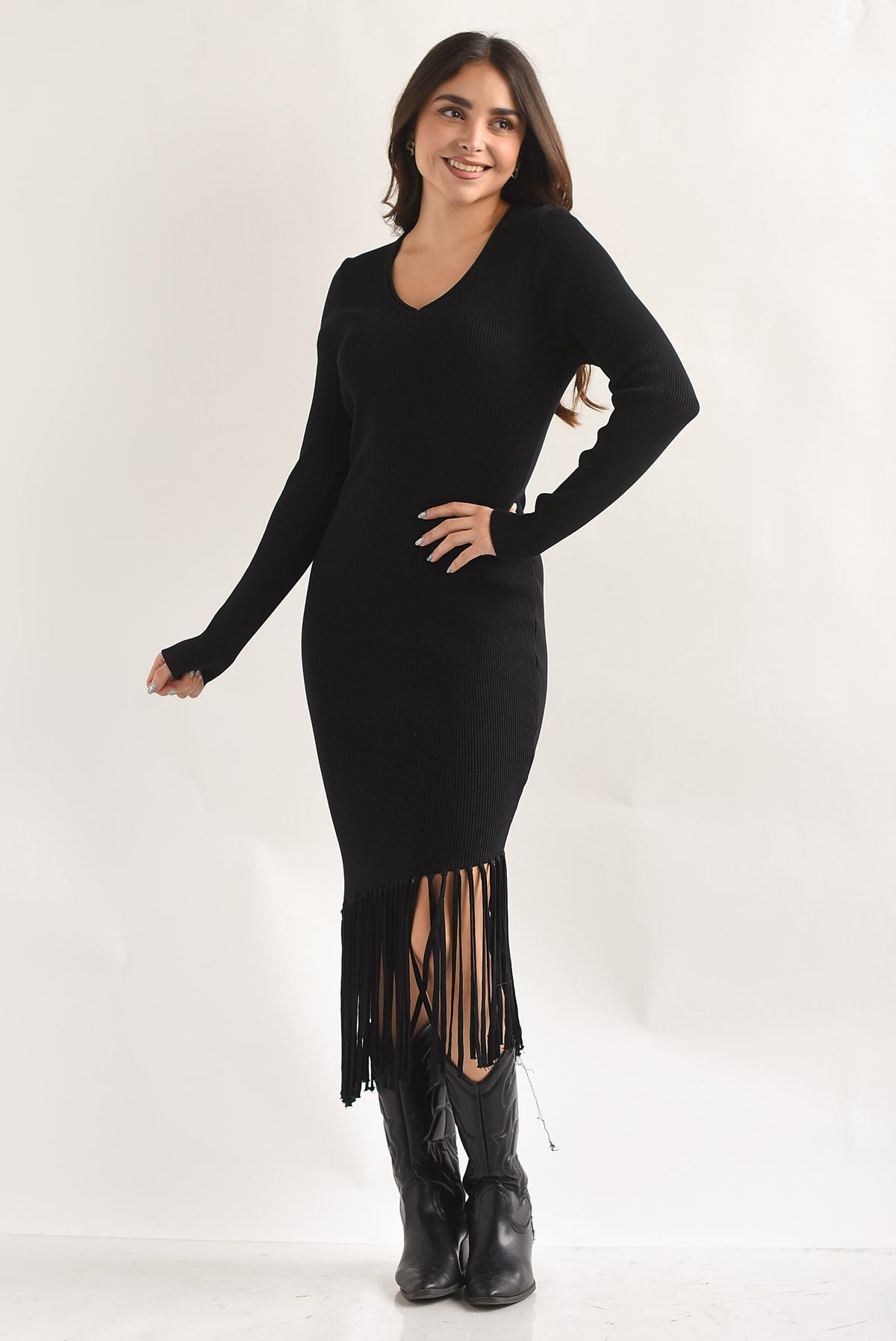 Vestido punto canalé asimétrico flecos Negro