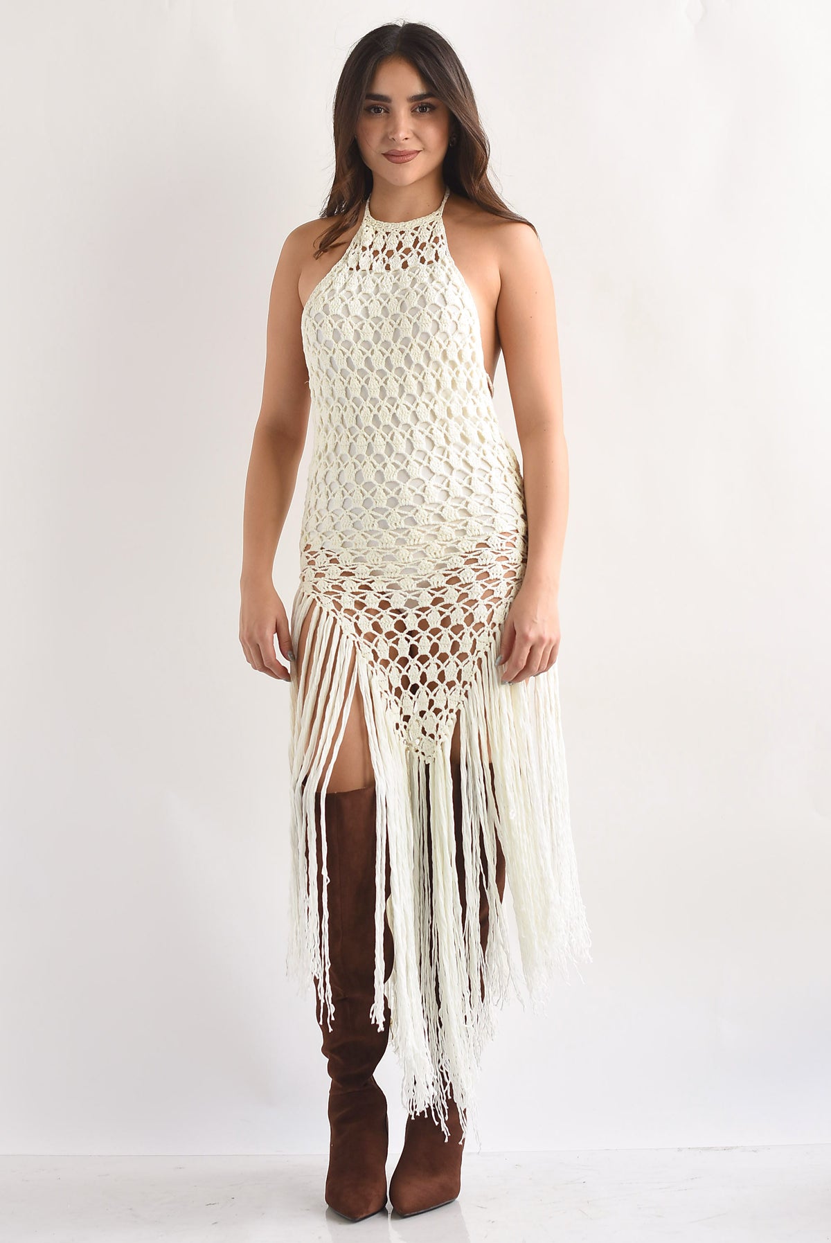 Vestido crochet halter flecos