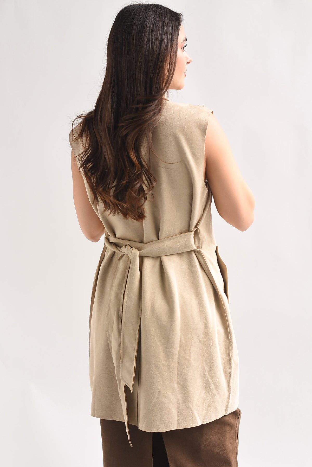 Chaleco largo cinta suede Beige