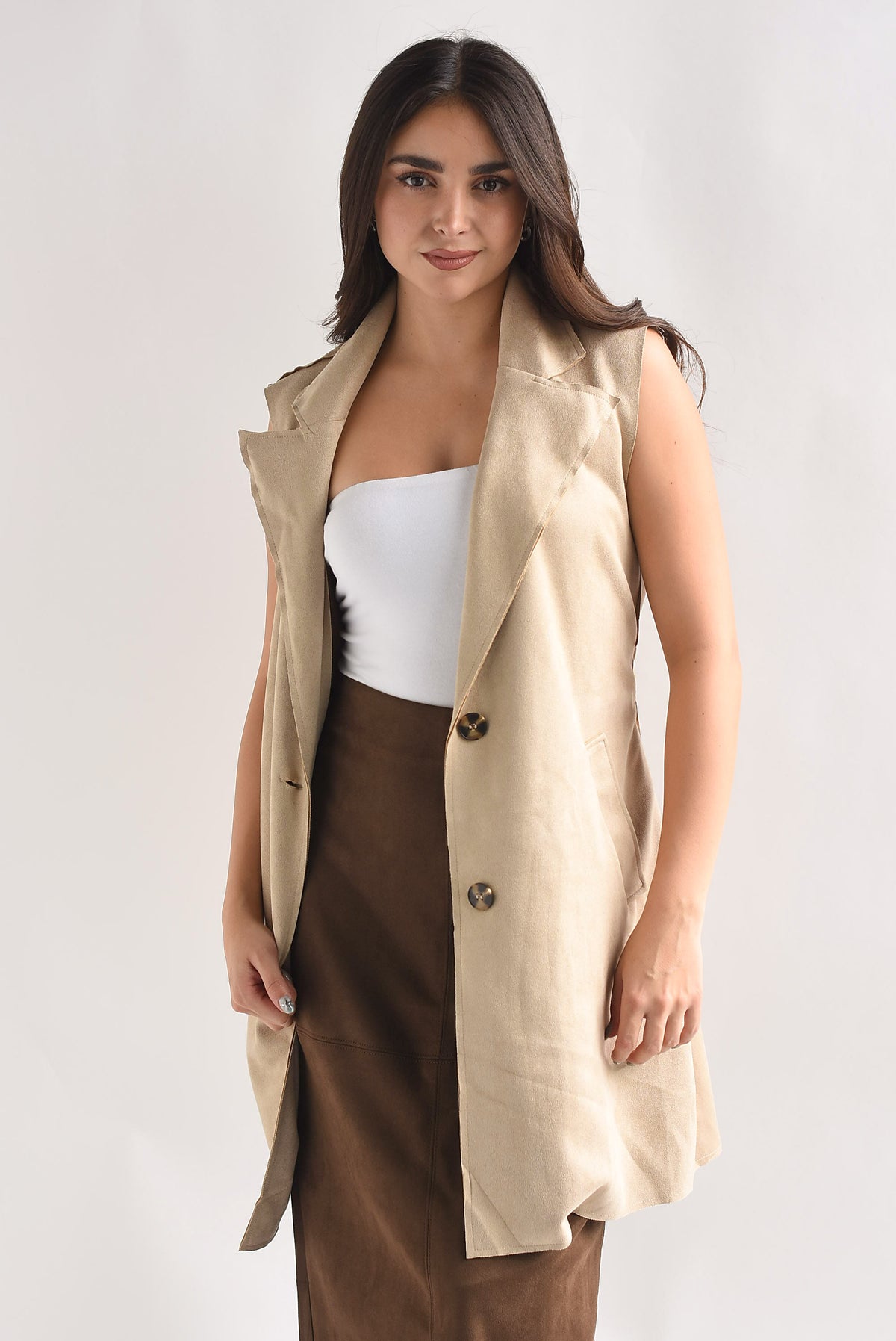 Chaleco largo cinta suede Beige