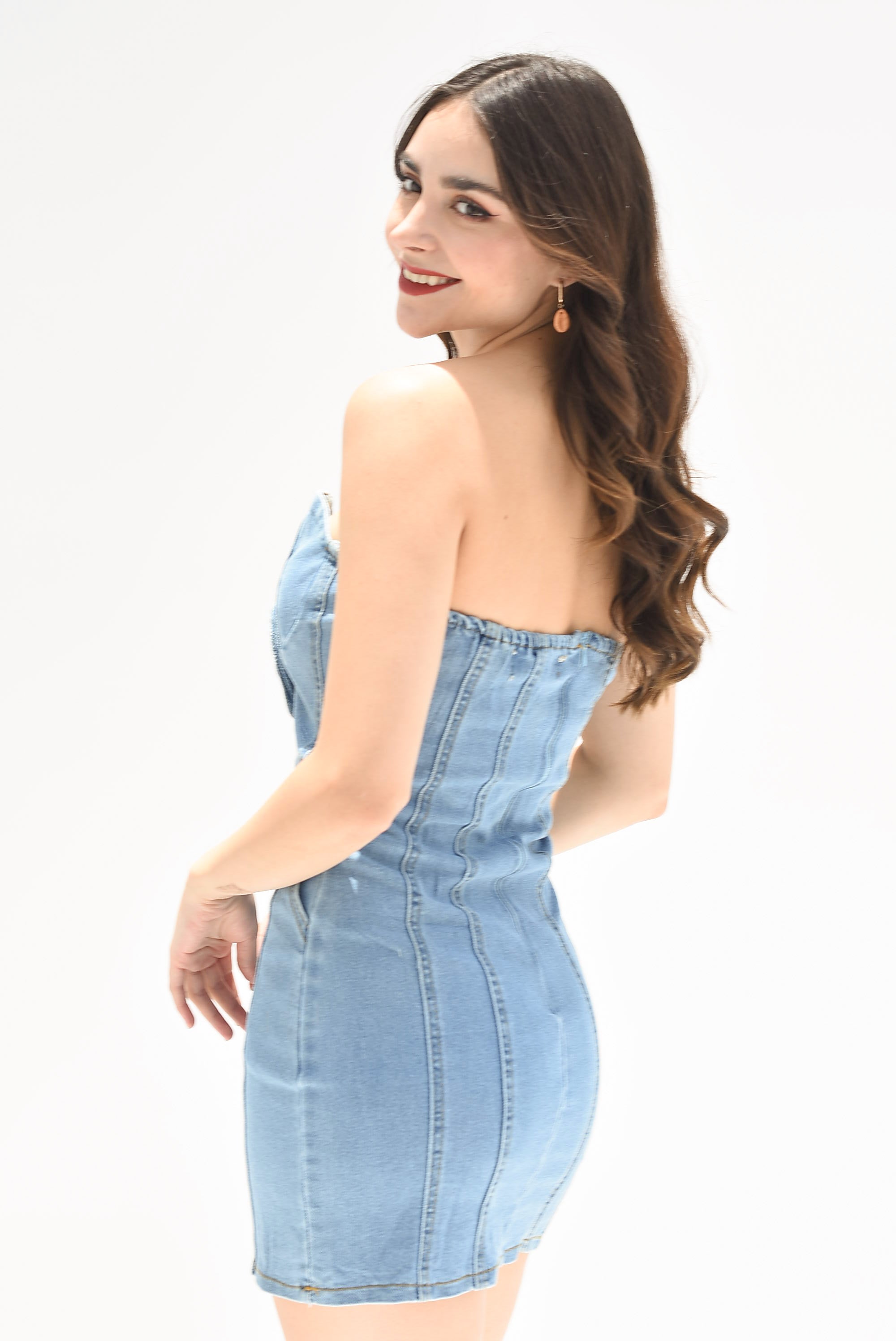 Vestido Denim strapless Flor 3D