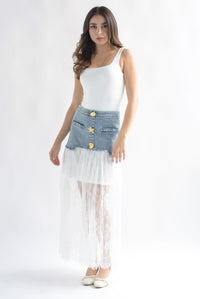 Fashion Styled Falda encaje pretina Denim botones marinos Blanco