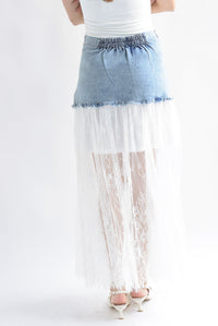 Fashion Styled Falda encaje pretina Denim botones marinos Blanco