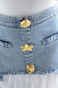 Fashion Styled Falda encaje pretina Denim botones marinos Blanco