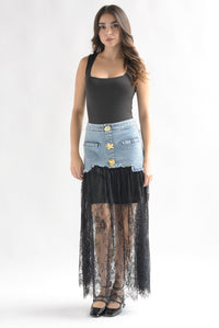Fashion Styled Falda encaje pretina Denim botones marinos Negro