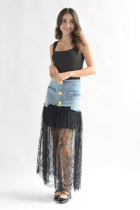 Fashion Styled Falda encaje pretina Denim botones marinos Negro