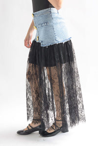Fashion Styled Falda encaje pretina Denim botones marinos Negro