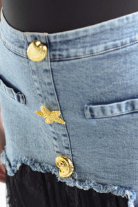 Fashion Styled Falda encaje pretina Denim botones marinos Negro