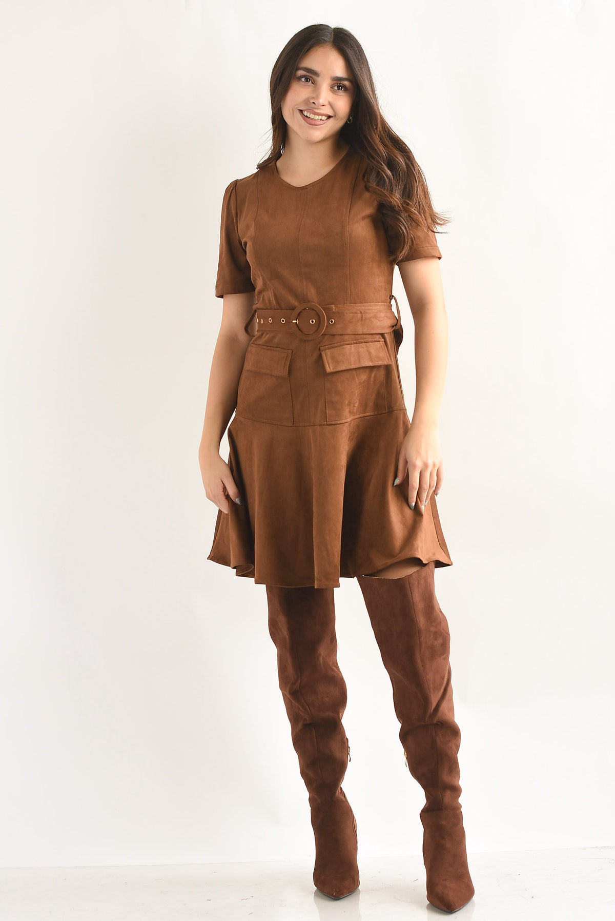 Vestido corto bolsillos suede Camel