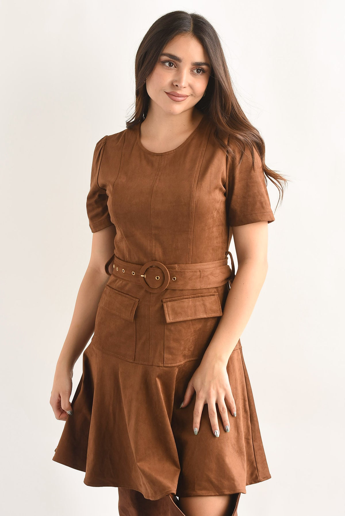 Vestido corto bolsillos suede Camel
