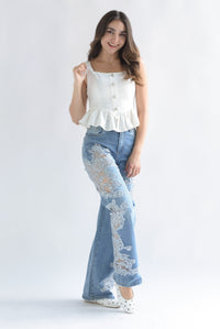 Fashion Styled Jeans piernas mesh encaje Gris