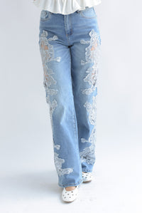 Fashion Styled Jeans piernas mesh encaje Gris
