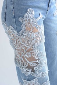 Fashion Styled Jeans piernas mesh encaje Gris
