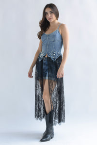 Fashion Styled Maxiblusa torso Denim encaje Negro