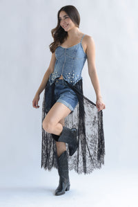 Fashion Styled Maxiblusa torso Denim encaje Negro
