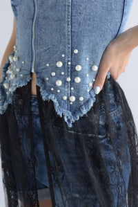 Fashion Styled Maxiblusa torso Denim encaje Negro