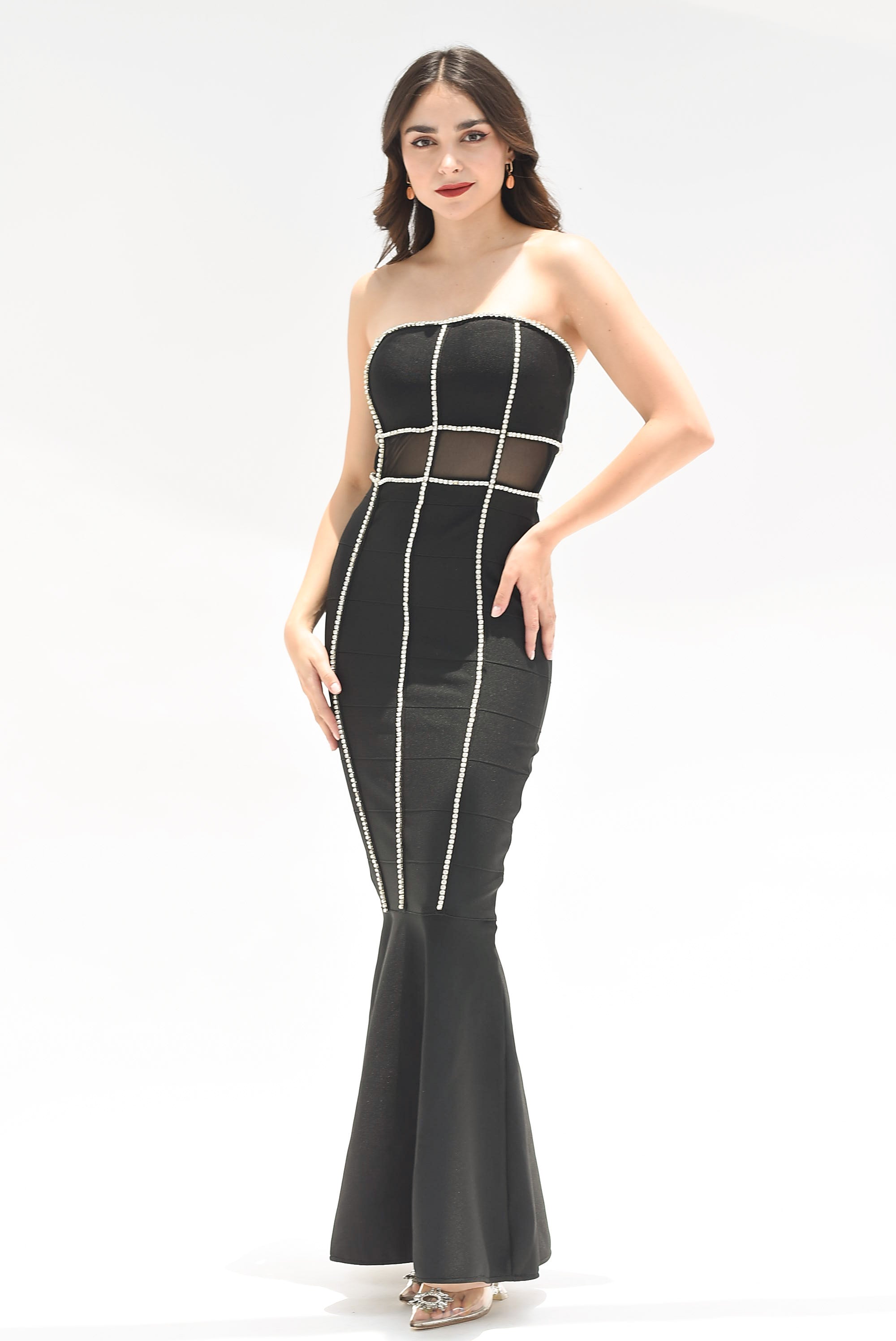 Vestido largo strapless bandage brillos Negro
